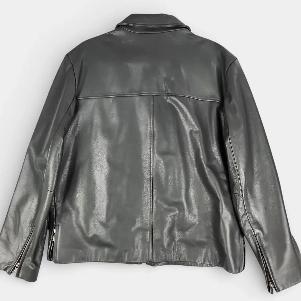 Y2K Banana Republic Leather Bomber Jacket Mens Large Gray Biker Zip Vents Lined